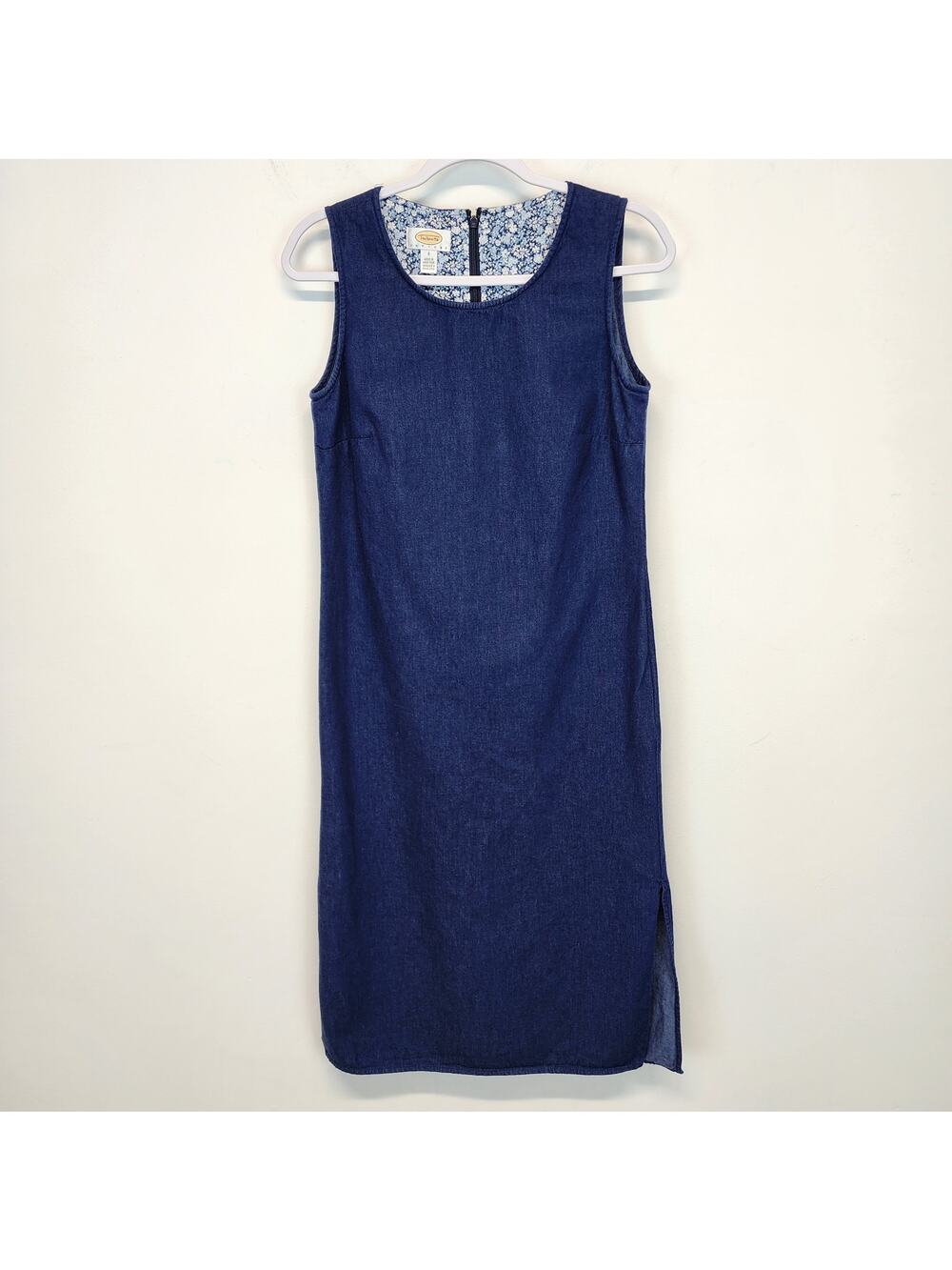 Talbots Denim Midi Dress Size 8P Blue Scoop Neck Slits Vintage 90s Teacher